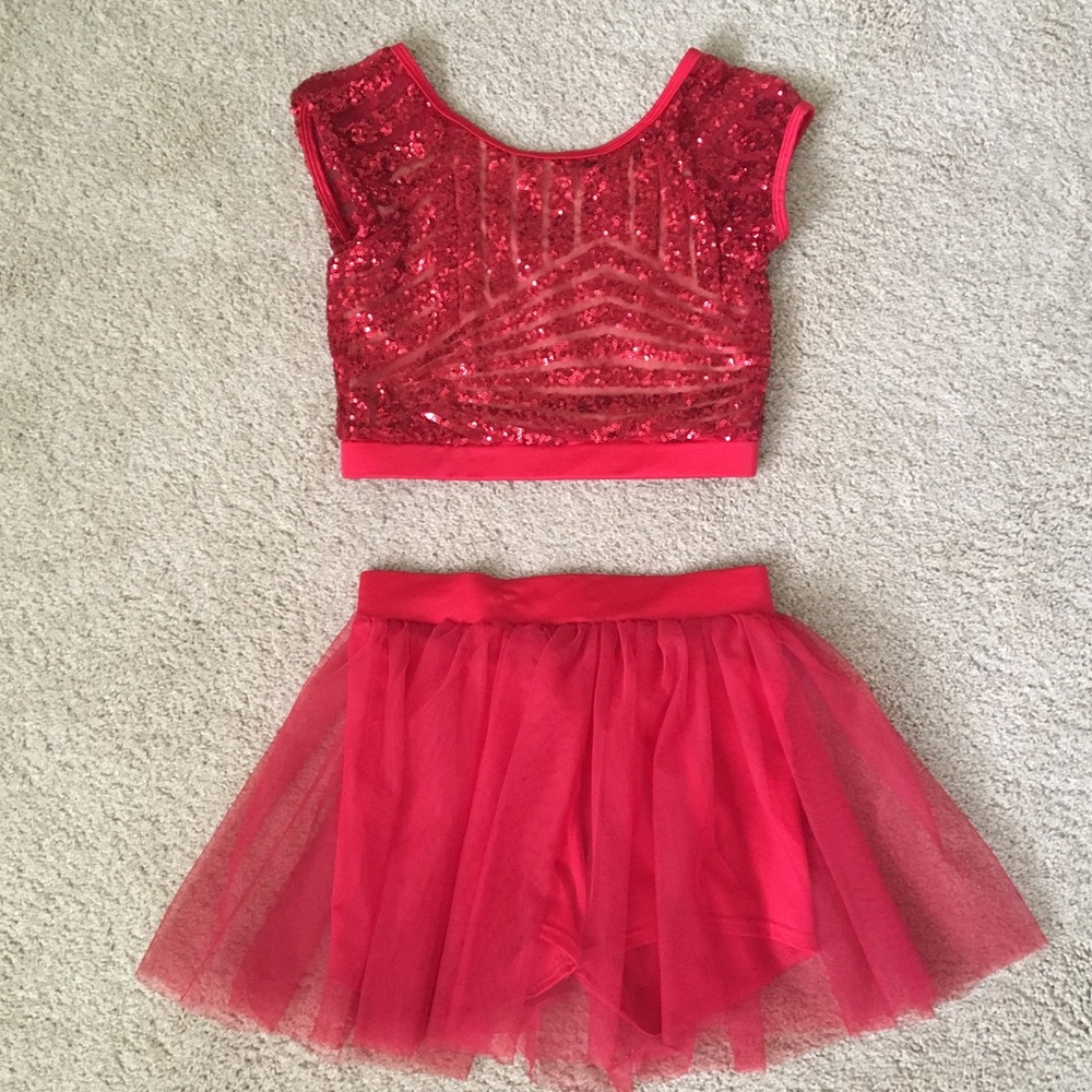 Kids Red Sequin Dance Crop Top & Tulle Skirt Set